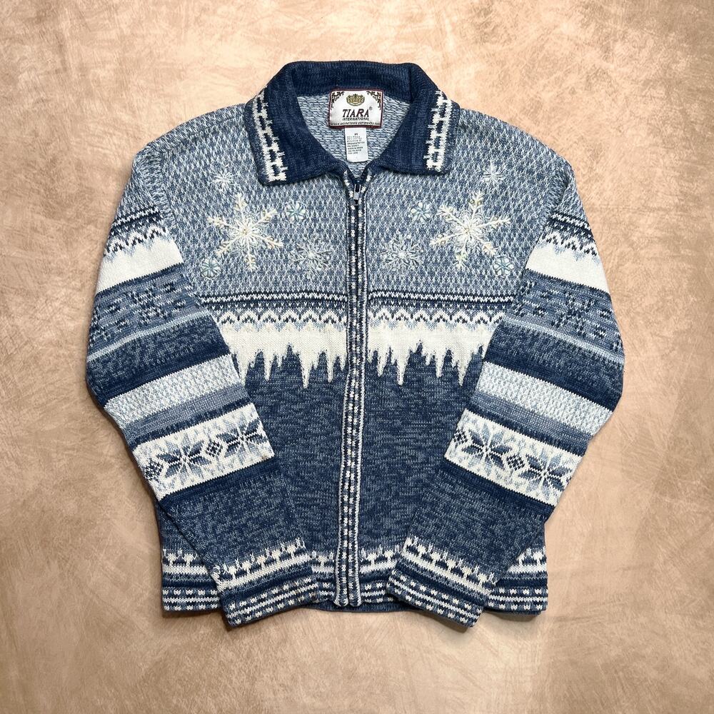 Vintage Y2K Winter Snowflake Fair Isles Zip Up Sweater Blue Knit Cabincore Ski